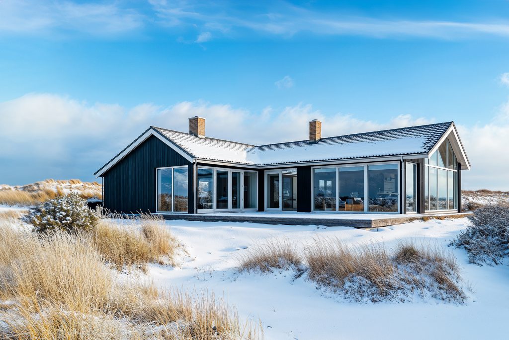 Sommerhus i vinterlandskab med sne på taget