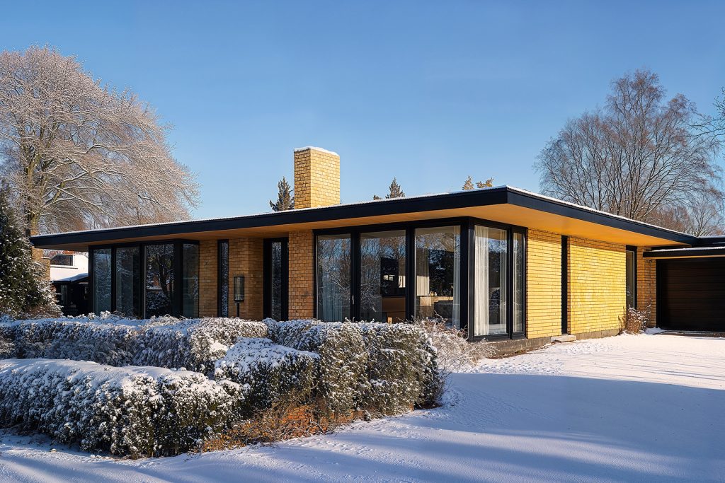 Klassisk 70'er parcelhus i vinterlandskab med sne i haven